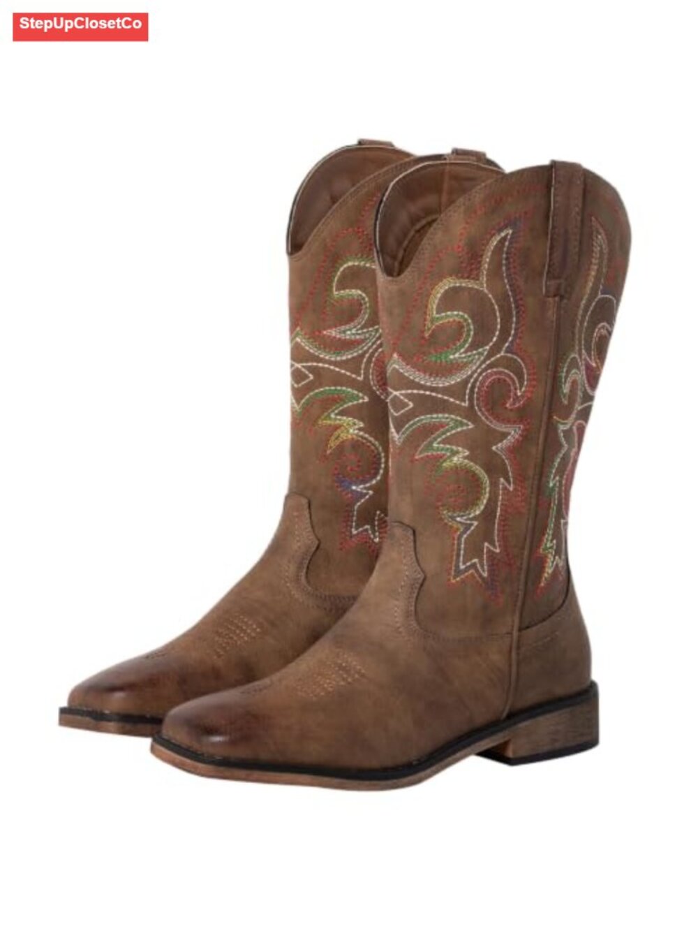Faux Leather Square Toe Western Cowboy Boots - Mid Calf
